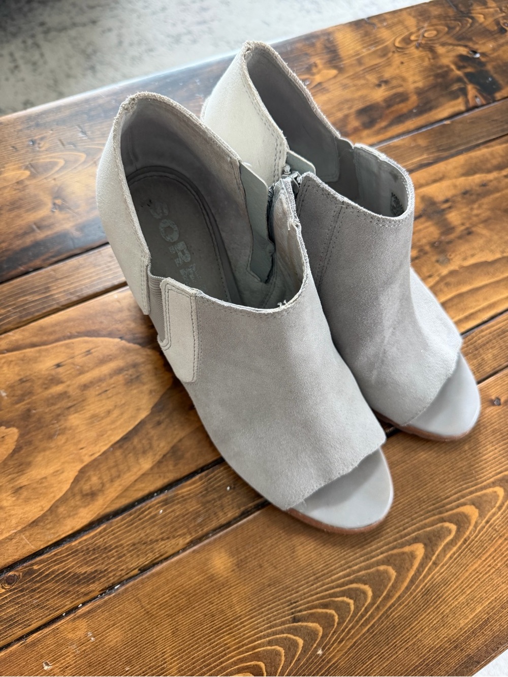 Sorel Gray Suede Peep-Toe Block Heel Mules
